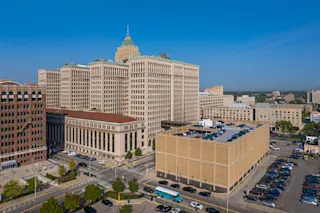 An aerial photograph of Cass Garage.
