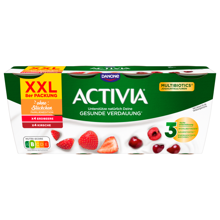Packung mit acht Activia Erdbeer- und Kirschjoghurts