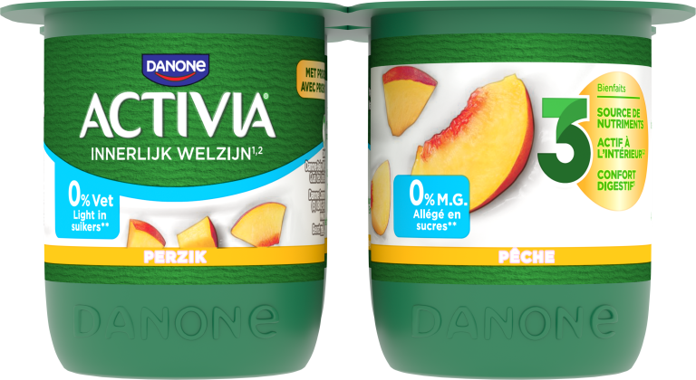 Activia Perzik 0%, dat is de zachtheid van Activia met fruit, zonder vet en licht in suikers!
