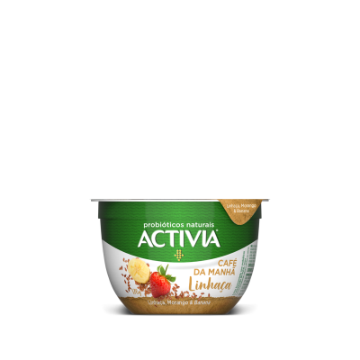 Combinação exclusiva da massa deliciosa de Activia com bilhões de probióticos naturais, o supergrão linhaça e deliciosos pedaços de morango e banana