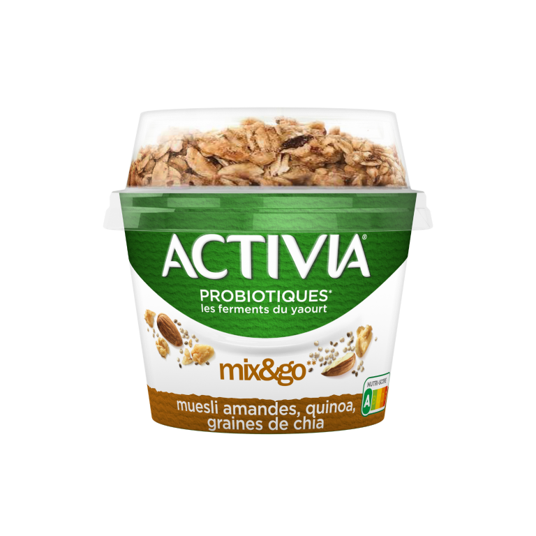 Activia Mix & Go* Muesli, amandes, quinoa, graines de chia est un produit gourmand qui associe le croquant et l'onctuosité unique d'Activia. 

* mélanger et c'est prêt
