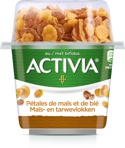 Activia Breakfast - exclusieve yoghurtculturen en een topping van mais- en tarwevlokken.