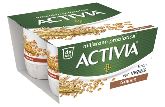 Activia Granen - milde yoghurt en een mix van granen. Een bron van vezels, met de exclusieve yoghurtculturen van Activia.