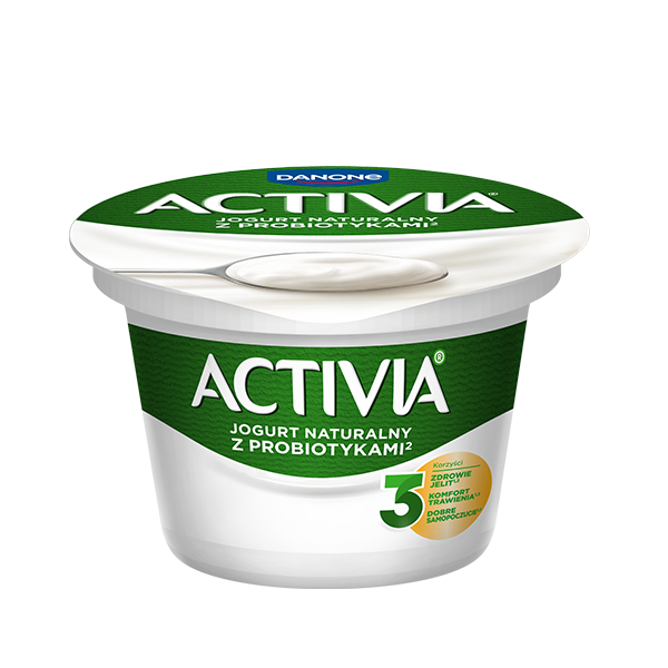 Jogurt naturalny Activia, pełny jogurtowych bakterii probiotycznych.