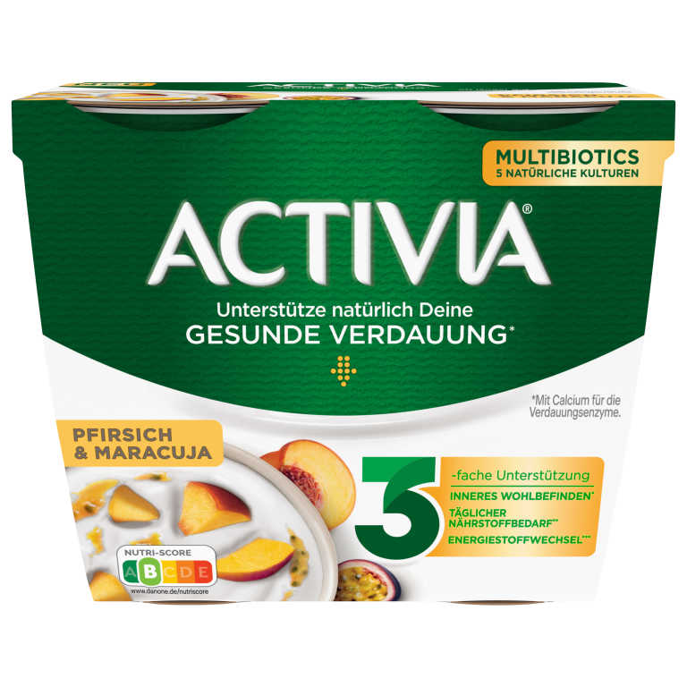 Packung Activia Pfirsich- und Passionsfruchtjoghurts