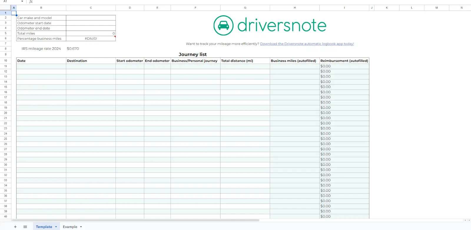 Driversnote IRS Printable Mileage Log Template 2024