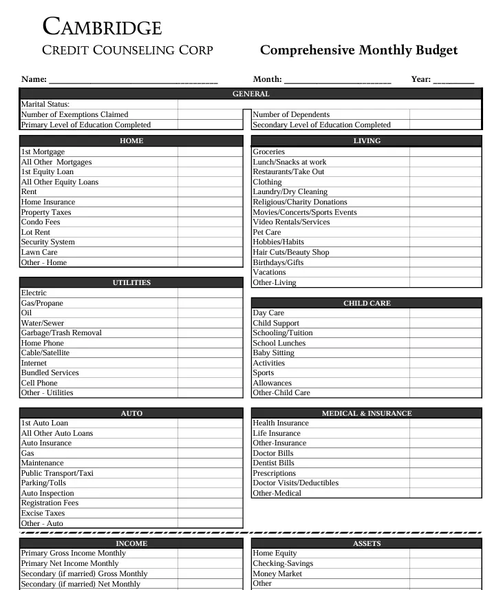 Printable budgeting worksheets by Cambridge Credit Counseling Corporation