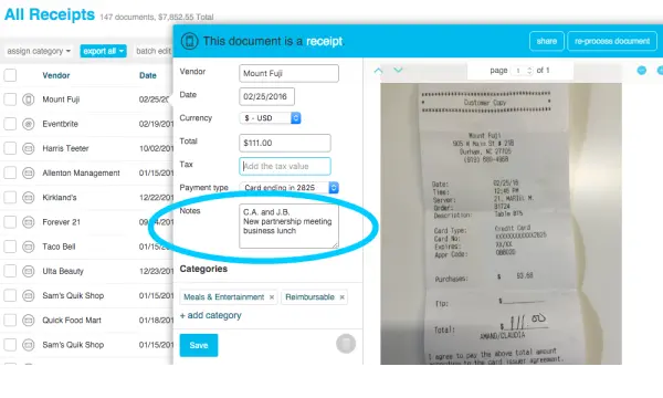 In the Shoeboxed web app, you can add receipt information like client name or meeting purpose under the “notes” section. Better documentation of Meals and Entertainment receipts will protect you from audits and verify that the expense is indeed deductible.