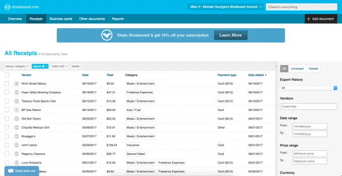 Shoeboxed dashboard