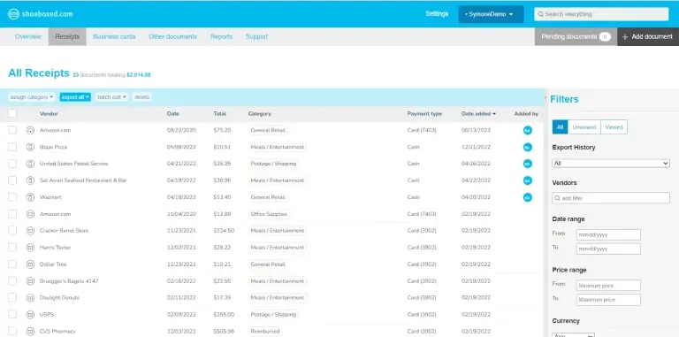 Demo account web dashboard.