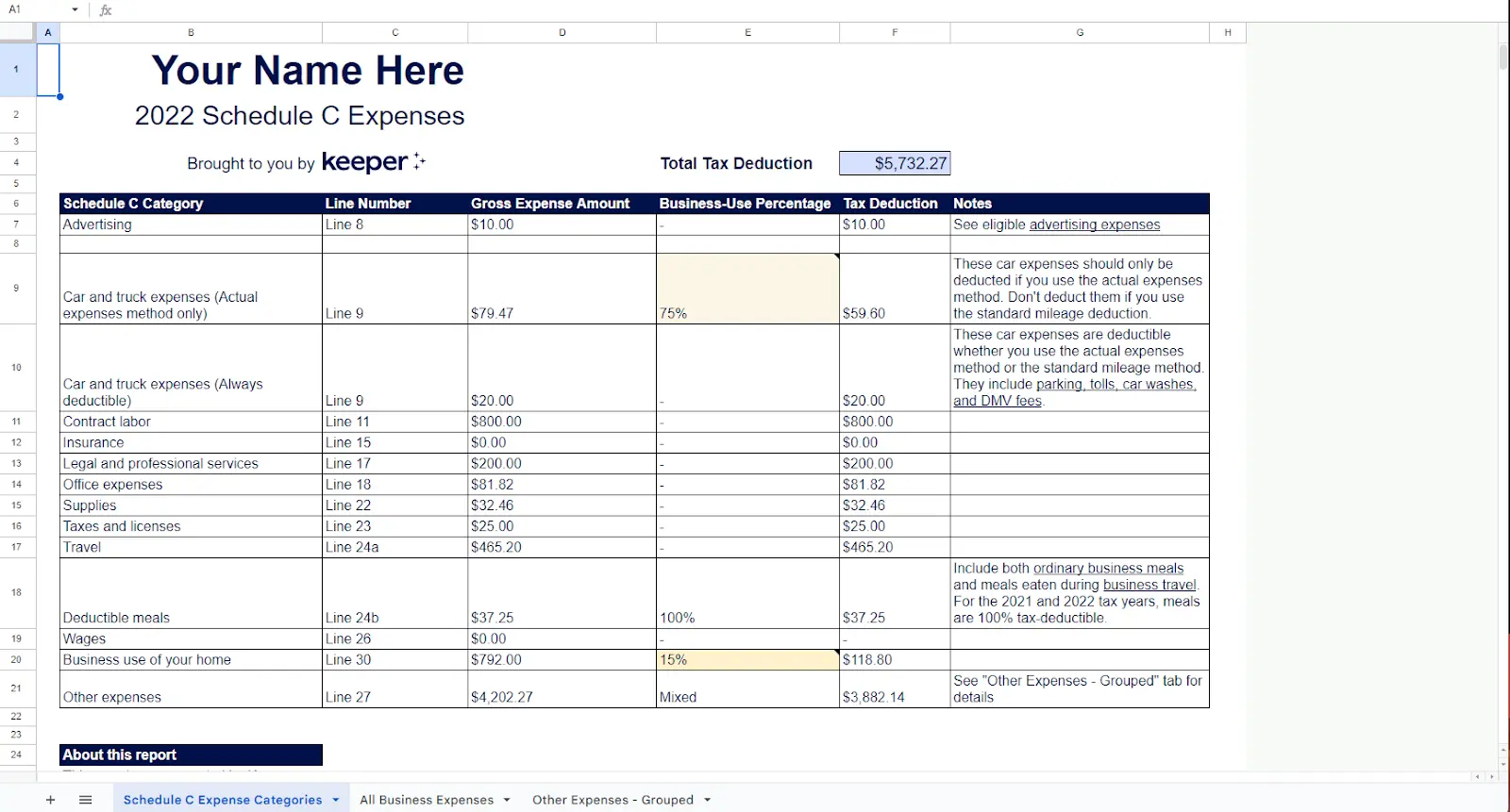 Keeper 1099 Expenses Spreadsheet