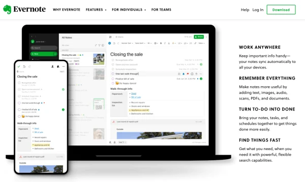 Evernote web page