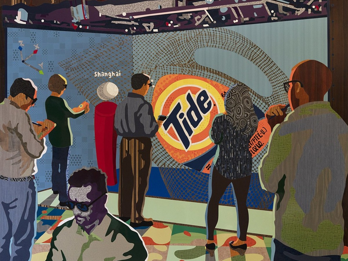 A mural made of Formica that depicts people standing in front of a Tide laundry detergent ad.
