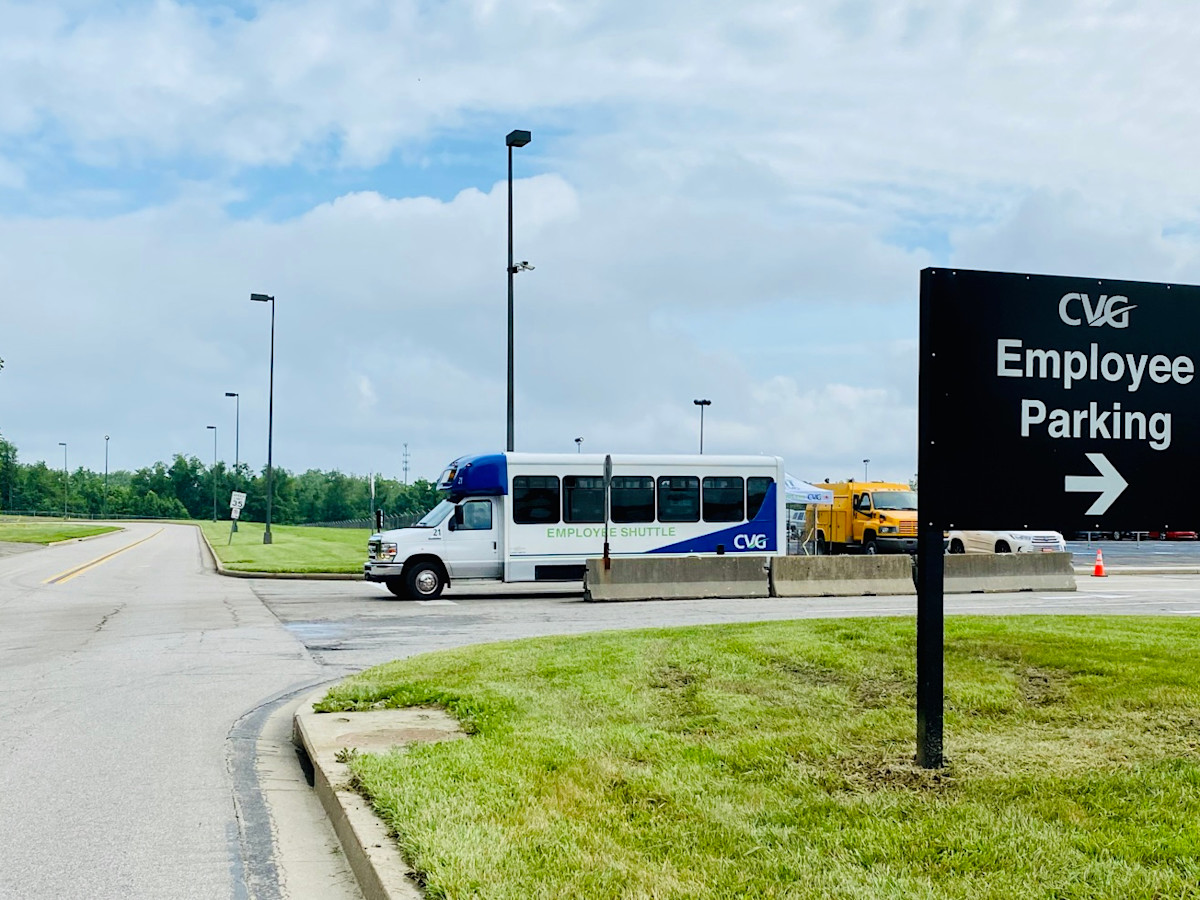 A photo of the employee parking lot entrance.