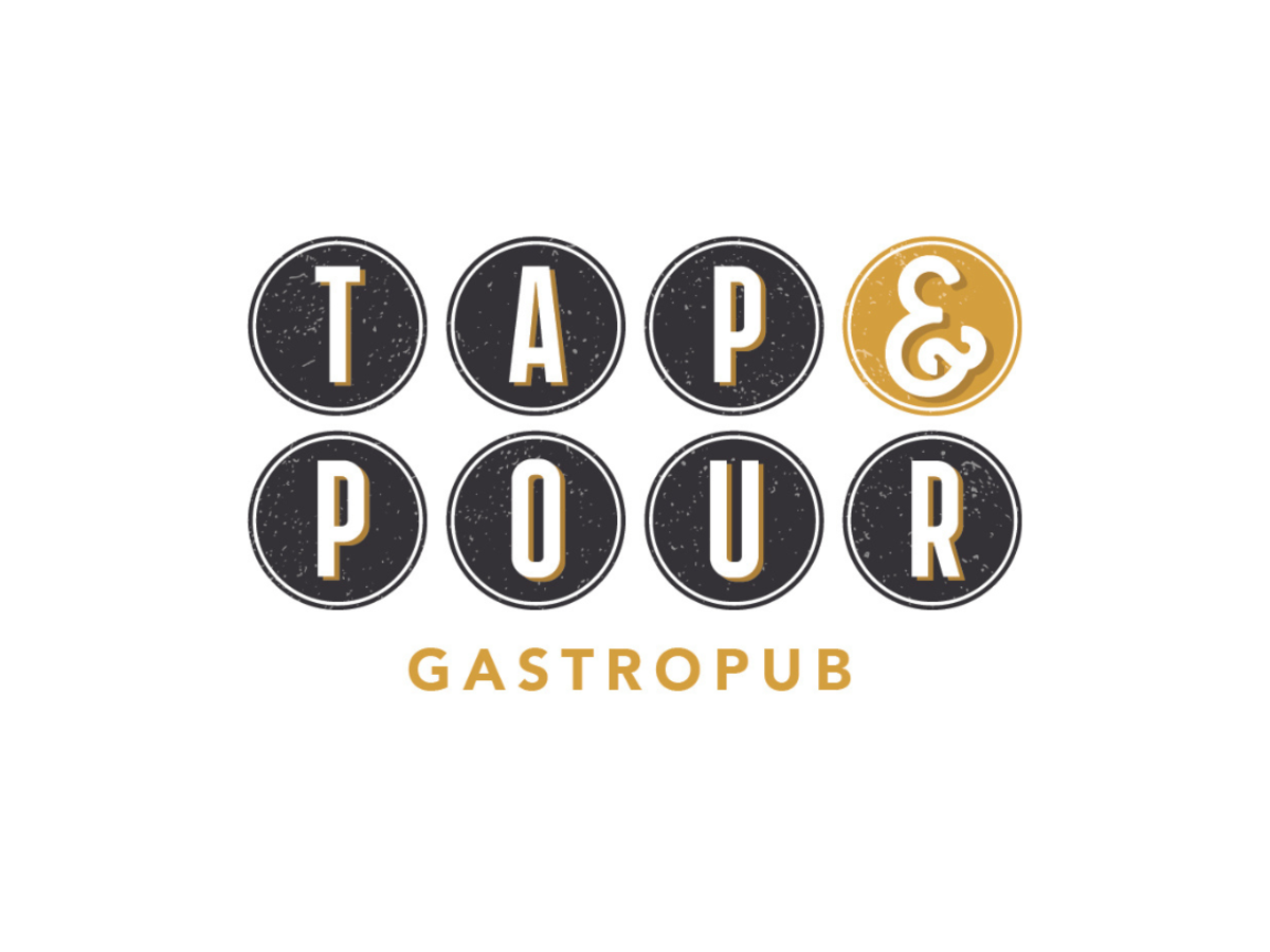 A photo of the Tap & Pour logo with each letter in a black circle.