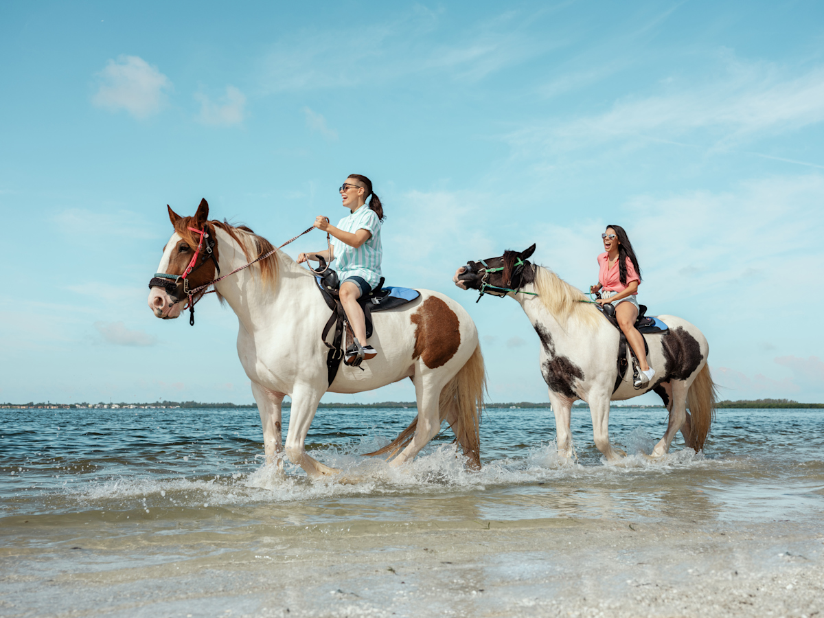 Couple riding horses along the beach