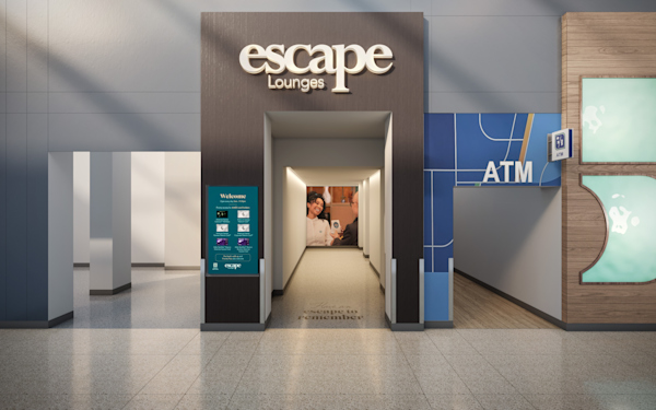 A rendering of the entrance of an Escape Lounge. The words Escape Lounge are above the door that leads down a hallway with a photo of smiling people at the end of the hallway.