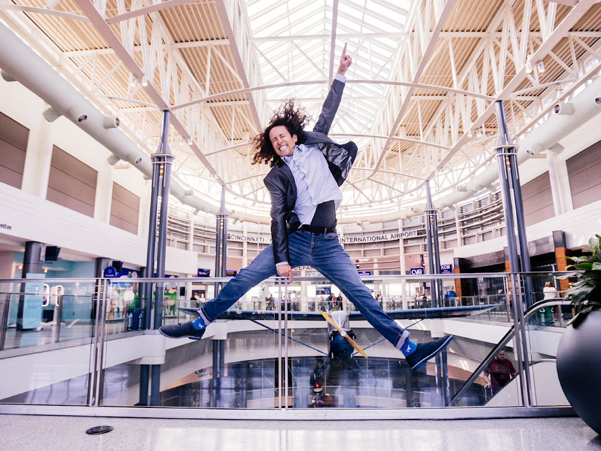 A photo of Jay Kruz jumping on the Ticketing Bridge.