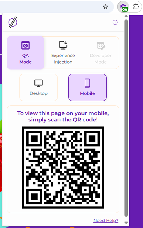 Scan the test specific QR code to open the page on your mobile device and QA the experience in real conditions.