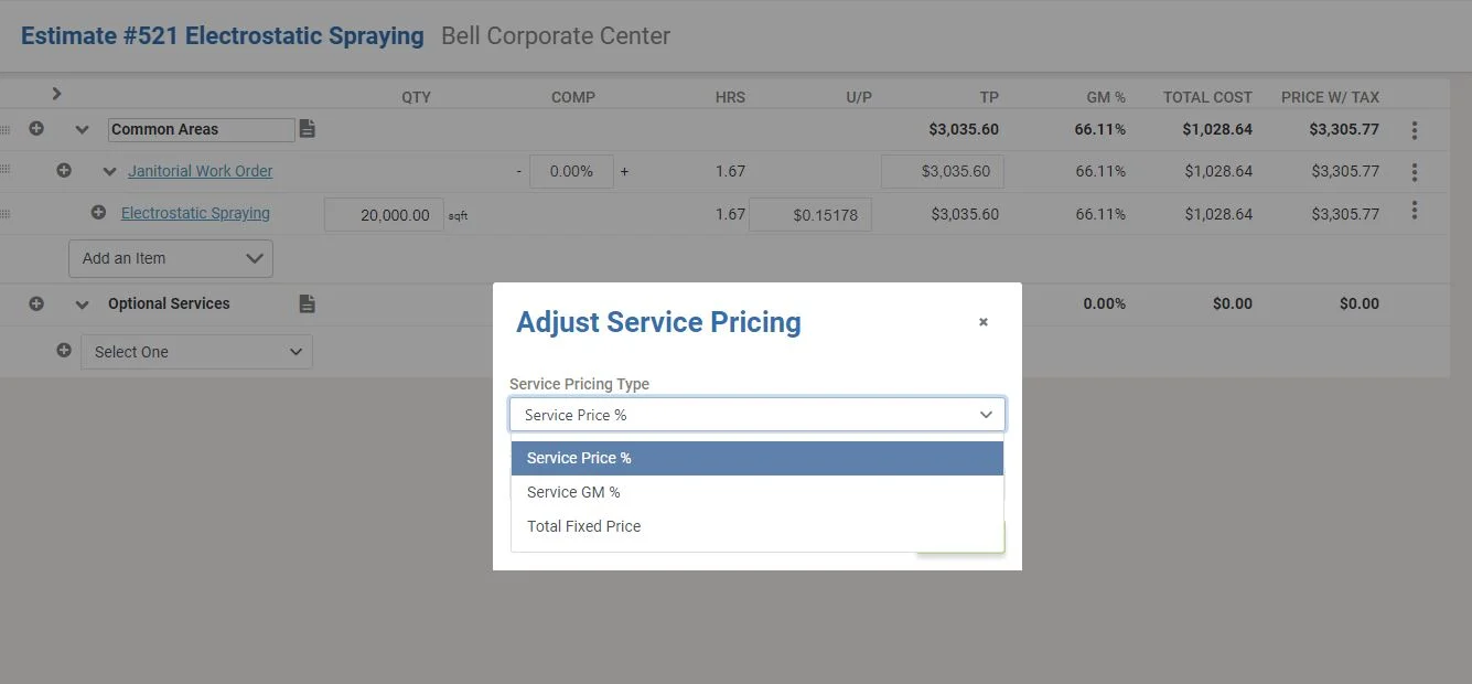 Adjust Service Pricing Estimate Screen Shot