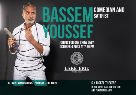 Graphic for Bassem Youssef, Comedian and Satirist, performance on October 4, 2023.