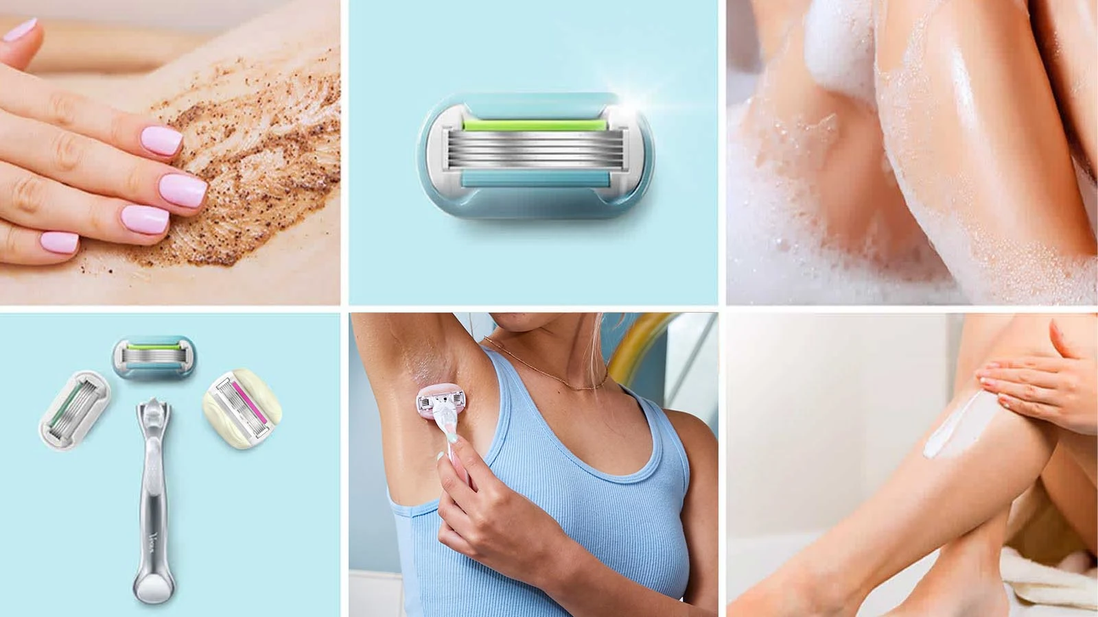 A collage of different images containing shaving, bathing and razor themes