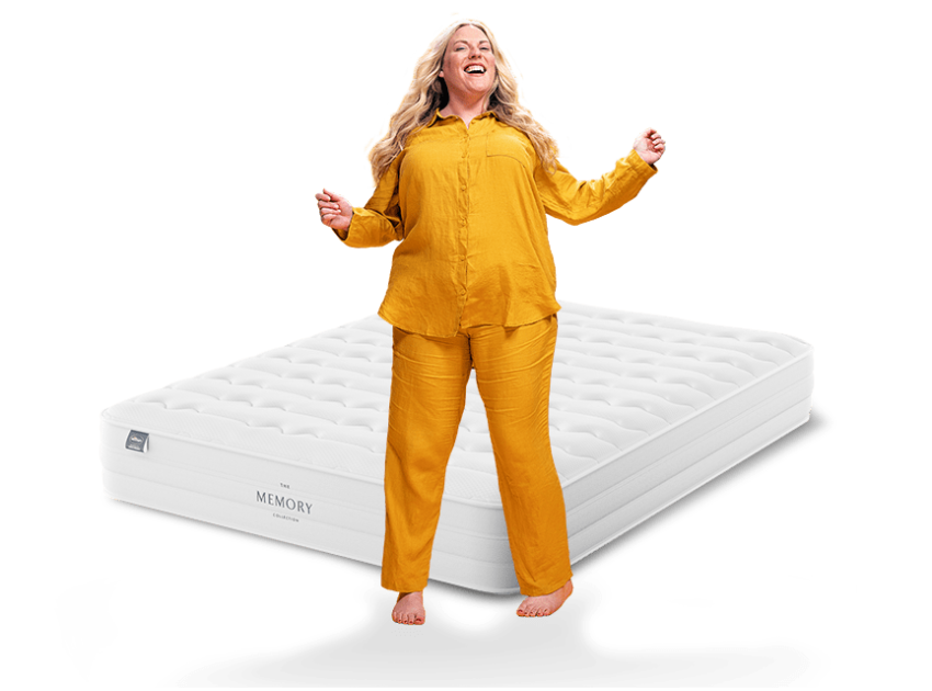 woman in yellow pyjamas with mattress