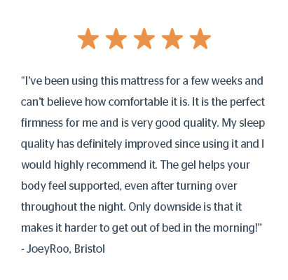“I’ve been using this mattress for a few weeks and can’t believe how comfortable it is. It is the perfect firmness for me and is very good quality. My sleep quality has definitely improved since using it and I would highly recommend it. The gel helps your body feel supported, even after turning over throughout the night. Only downside is that it makes it harder to get out of bed in the morning!” - JoeyRoo, Bristol