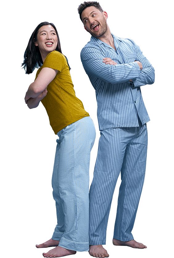 Man and woman wearing blue pyjamas representing twisters and turners