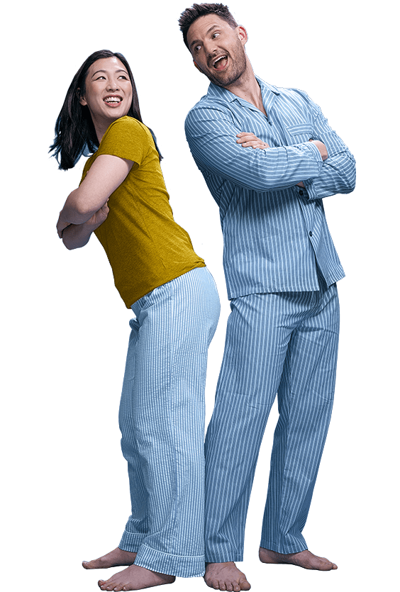 Man and woman wearing blue pyjamas representing twisters and turners