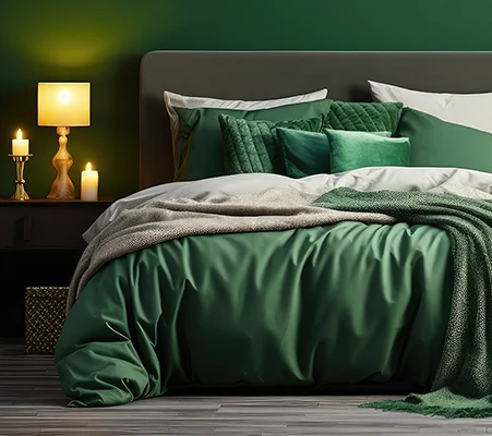 A cosy bed with multiple layers in emerald green