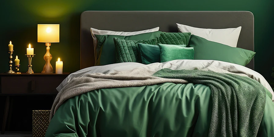 A cosy bed with multiple layers in emerald green