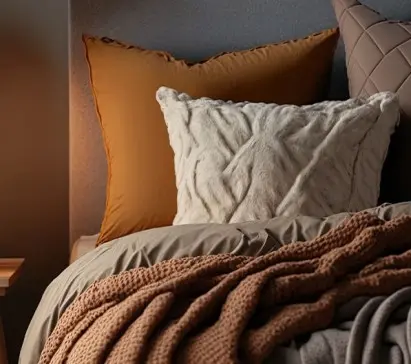 Cosy bed with layers of fluffy blankets