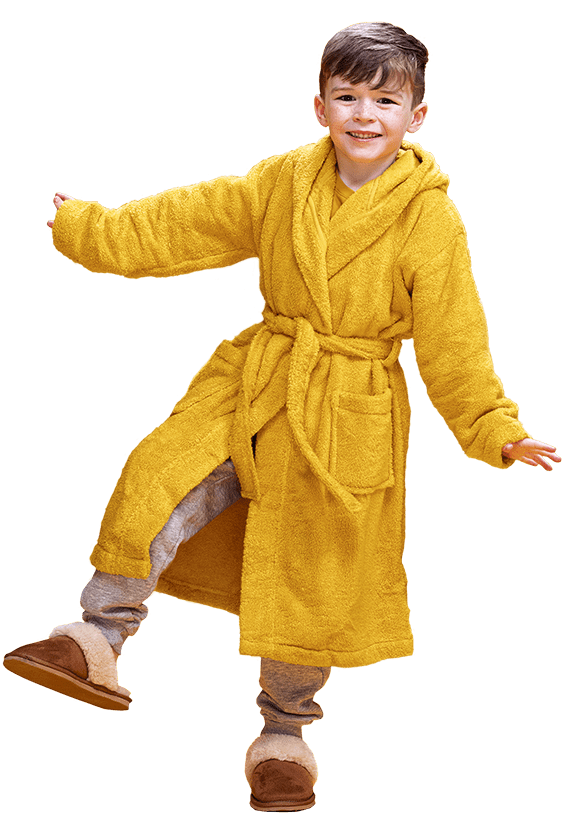 A child in a yellow dressing gown and red slippers