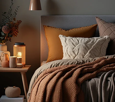 Cosy bed with layers of fluffy blankets