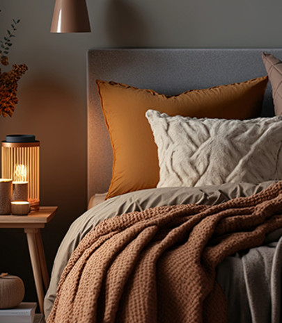 Cosy bed with layers of fluffy blankets