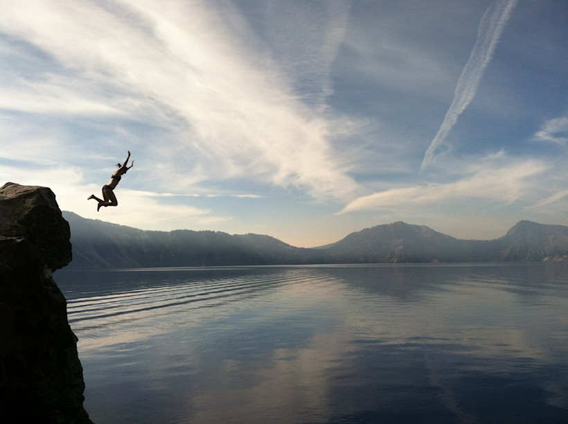 Jumping into Crater Lake, Oregon