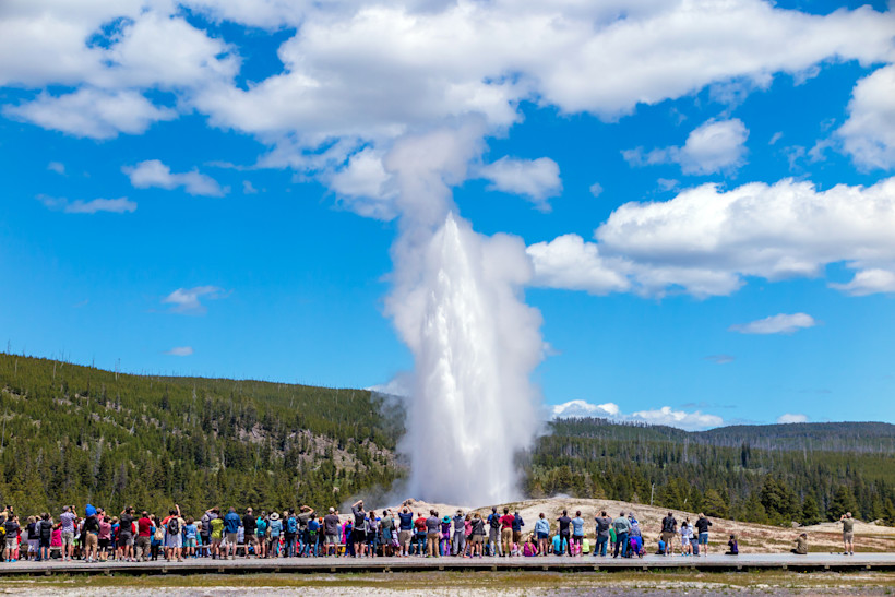 Old Faithful erupting in Yellowstone National Park