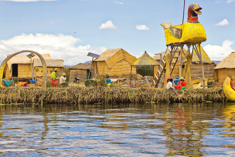 Lake Titicaca is most famous for its man-made islands constructed from totora reeds, and providing floating homes for the local Uros Indians.