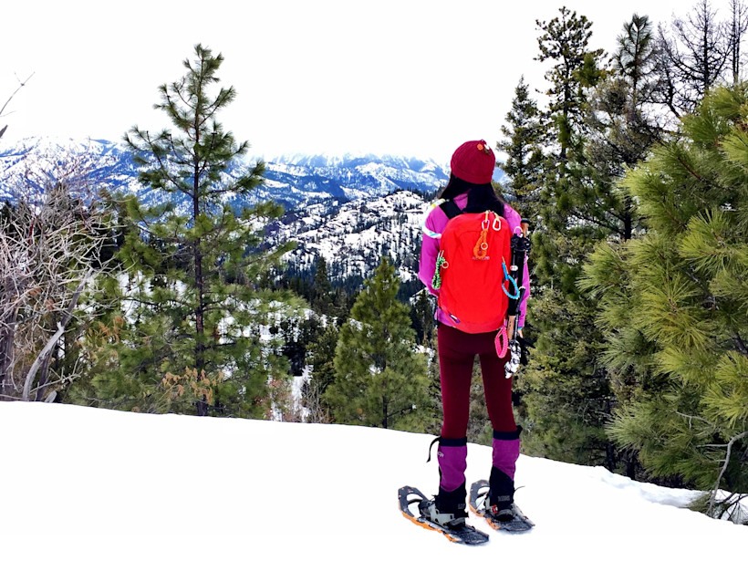 Snowshoer in bright coloured gear, at Wenatchee Crest, taking in the views