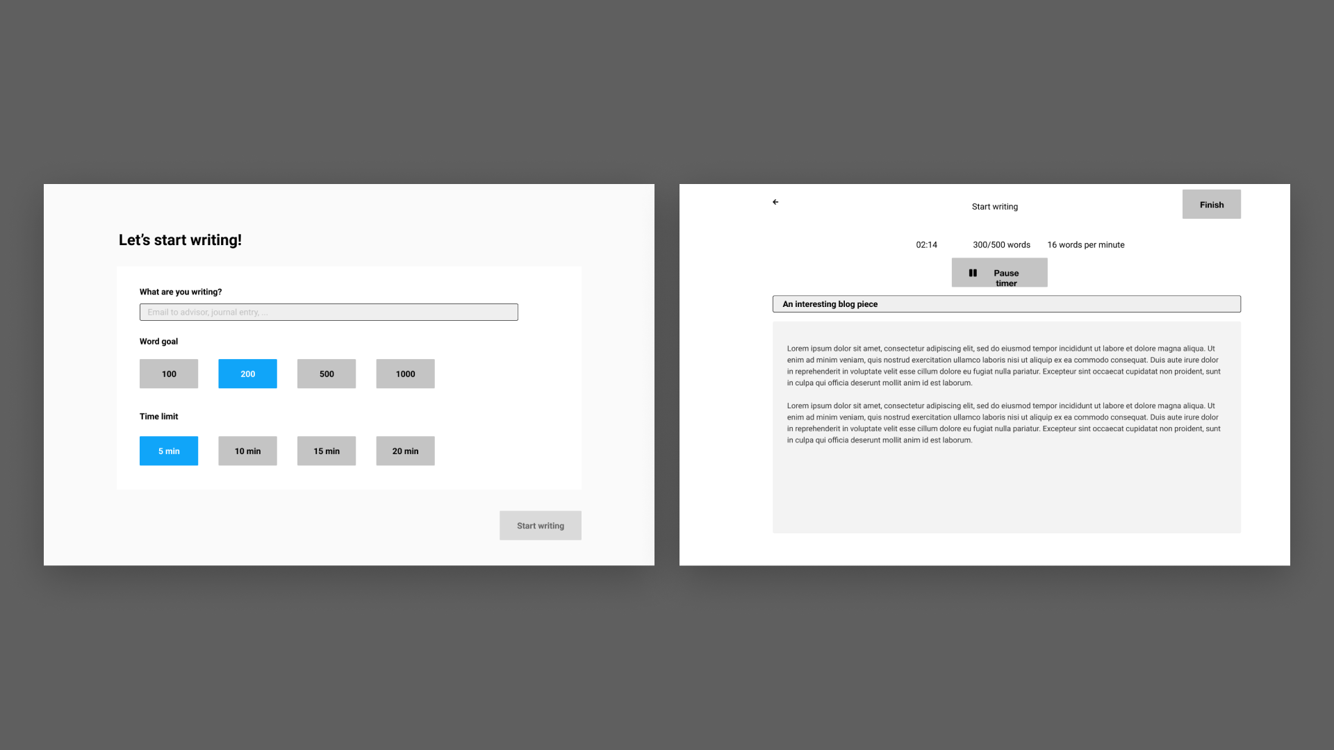 This iteration clarified certain visual and interaction details, like the visibility of the timer and word counter during the writing stage.