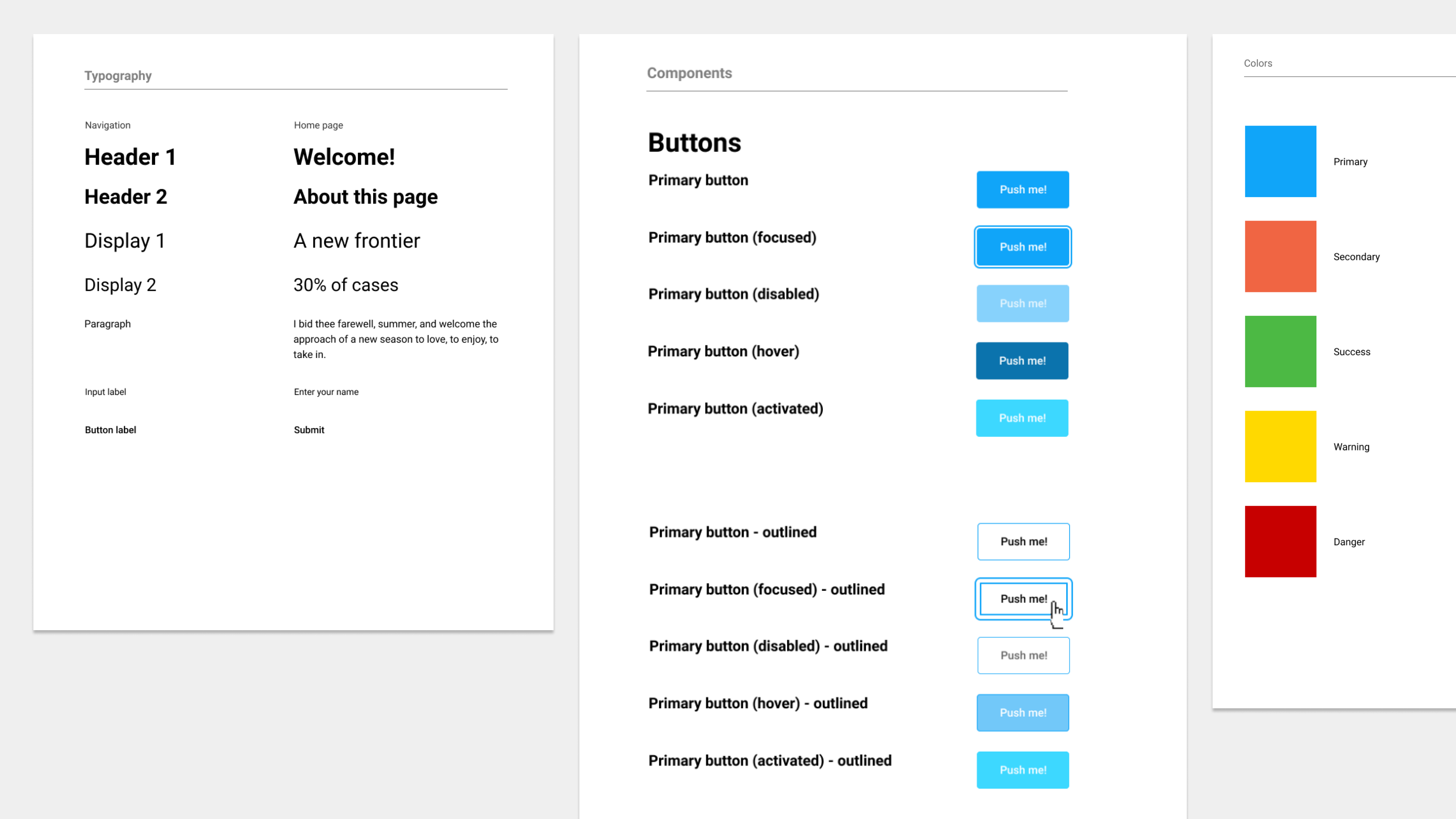 A glimpse of the design system used for Lightning Write. Many components, text choices, and color choices would begin as iterative sketches over wireframes, to be formalized in the design system later on.