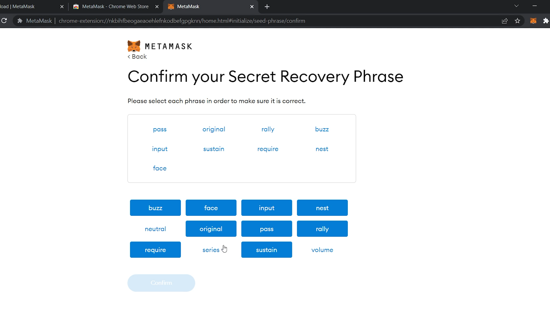 Confirming Secret Recovery Phrase On MetaMask