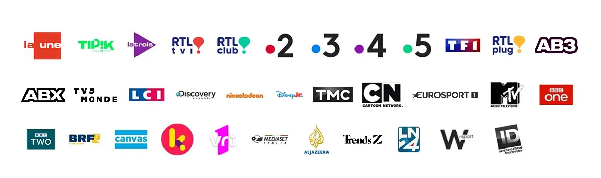 Chaînes incluses dans Scarlet TV digitale : chaînes belges, pour enfants, sport et chaînes internationales.