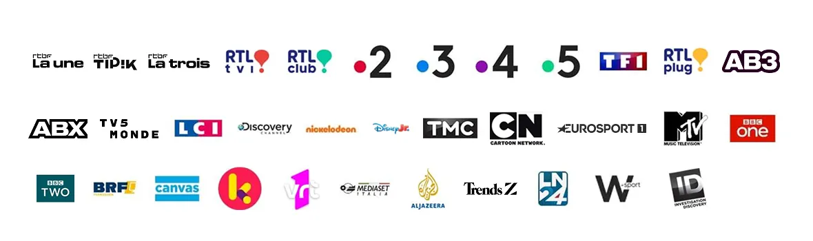 Chaînes incluses dans Scarlet TV digitale : chaînes belges, pour enfants, sport et chaînes internationales.