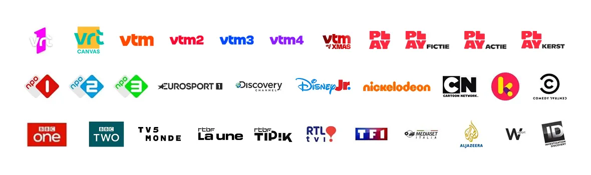 TV channel logos included in Scarlet Digital TV: local Belgian channels, kids’ favorites, sports and international networks.