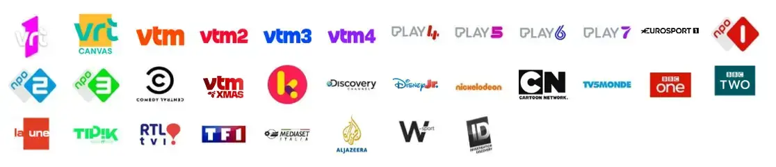 TV channel logos included in Scarlet Digital TV: local Belgian channels, kids’ favorites, sports and international networks.