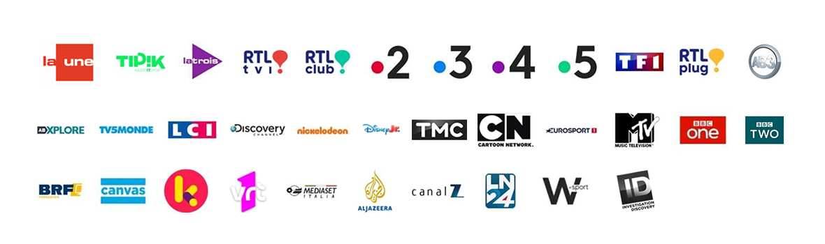 Chaînes incluses dans Scarlet TV digitale : chaînes belges, pour enfants, sport et chaînes internationales.