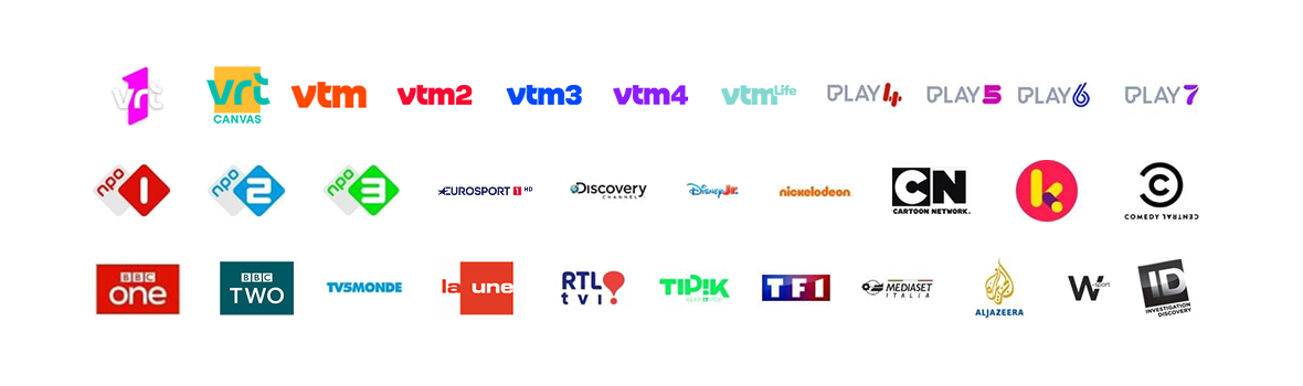 TV channel logos included in Scarlet Digital TV: local Belgian channels, kids’ favorites, sports and international networks.