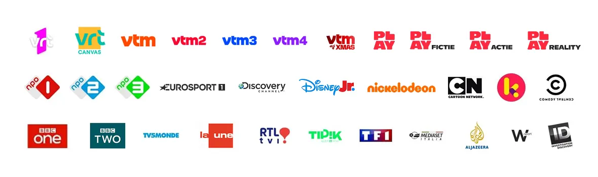 TV channel logos included in Scarlet Digital TV: local Belgian channels, kids’ favorites, sports and international networks.